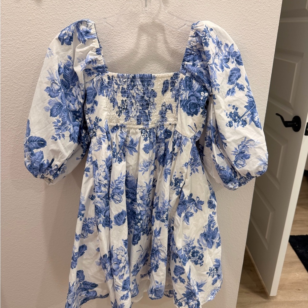 Abercrombie & Fitch Blue Floral Puff Sleeve Mini Dress Cottagecore - Picture 4 of 5